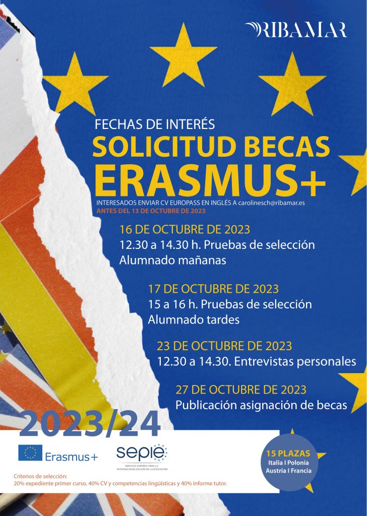 Fechas pruebas becas ERASMUS PLUS Ribamar curso 2023/24