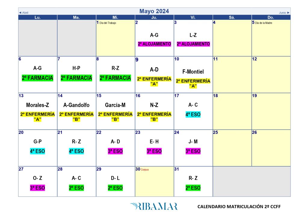 Calendarios de matriculación 2º CCFF Ribamar